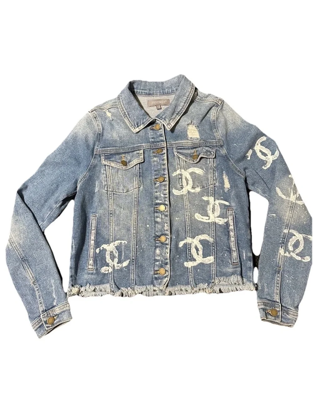 Just USA Distressed Jean Jacket Hand Painted Boutique NWT Sz L Wearable Art - Picture 6 of 13
